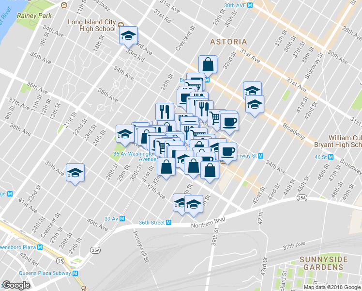 map of restaurants, bars, coffee shops, grocery stores, and more near 34-56 33rd Street in Queens