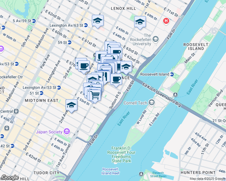 map of restaurants, bars, coffee shops, grocery stores, and more near 431 East 57th Street in New York