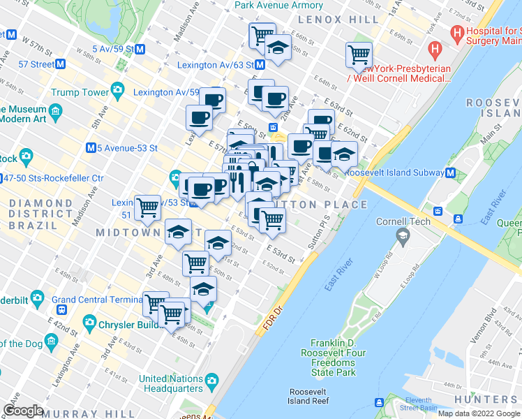 map of restaurants, bars, coffee shops, grocery stores, and more near 305 East 55th Street in New York