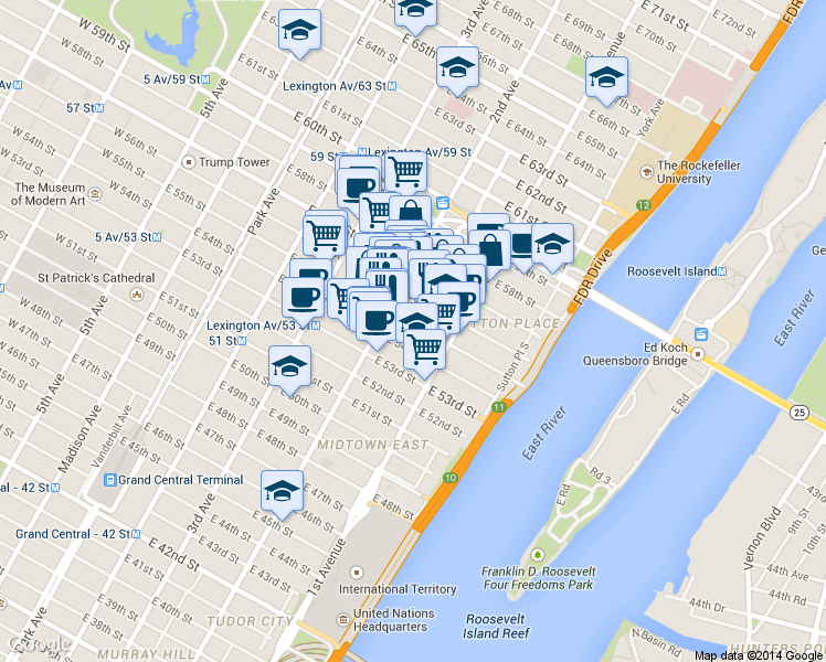 map of restaurants, bars, coffee shops, grocery stores, and more near 305 East 55th Street in New York