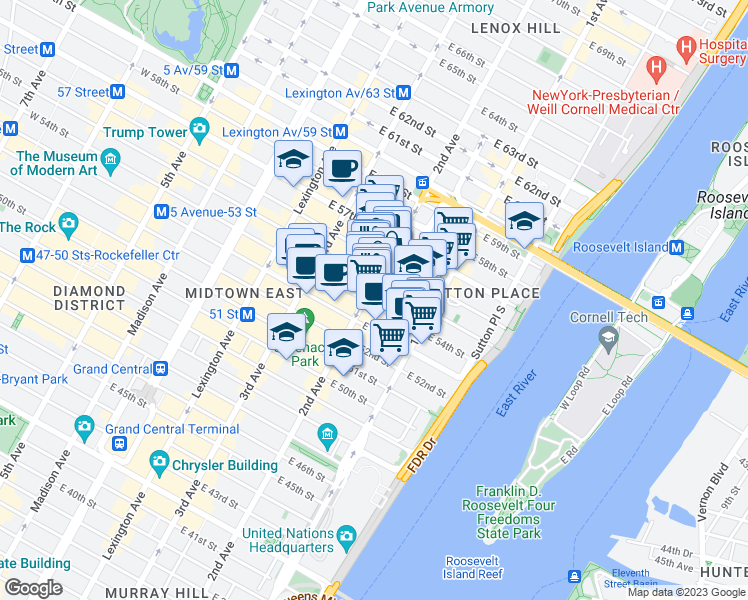 map of restaurants, bars, coffee shops, grocery stores, and more near in New York