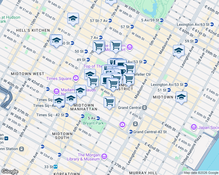 map of restaurants, bars, coffee shops, grocery stores, and more near 38w West 48th Street in New York