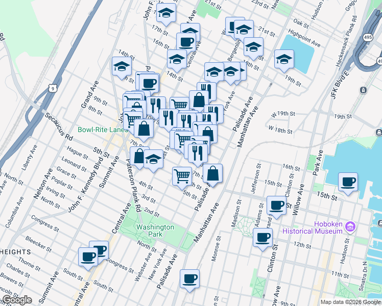 map of restaurants, bars, coffee shops, grocery stores, and more near 910 Bergenline Avenue in Union City