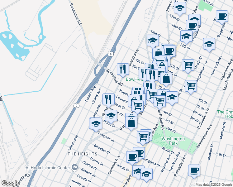 map of restaurants, bars, coffee shops, grocery stores, and more near 180 Nelson Avenue in Jersey City