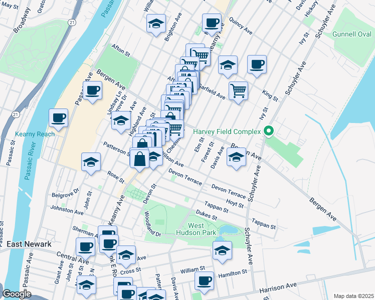 map of restaurants, bars, coffee shops, grocery stores, and more near 211 Devon Street in Kearny