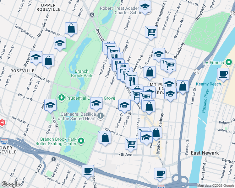 map of restaurants, bars, coffee shops, grocery stores, and more near 240 Clifton Avenue in Newark