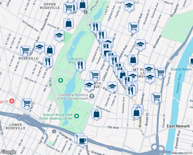 map of restaurants, bars, coffee shops, grocery stores, and more near 151 Parker Street in Newark