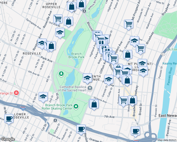 map of restaurants, bars, coffee shops, grocery stores, and more near 28 Highland Avenue in Newark