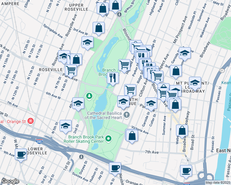 map of restaurants, bars, coffee shops, grocery stores, and more near 28 Highland Avenue in Newark