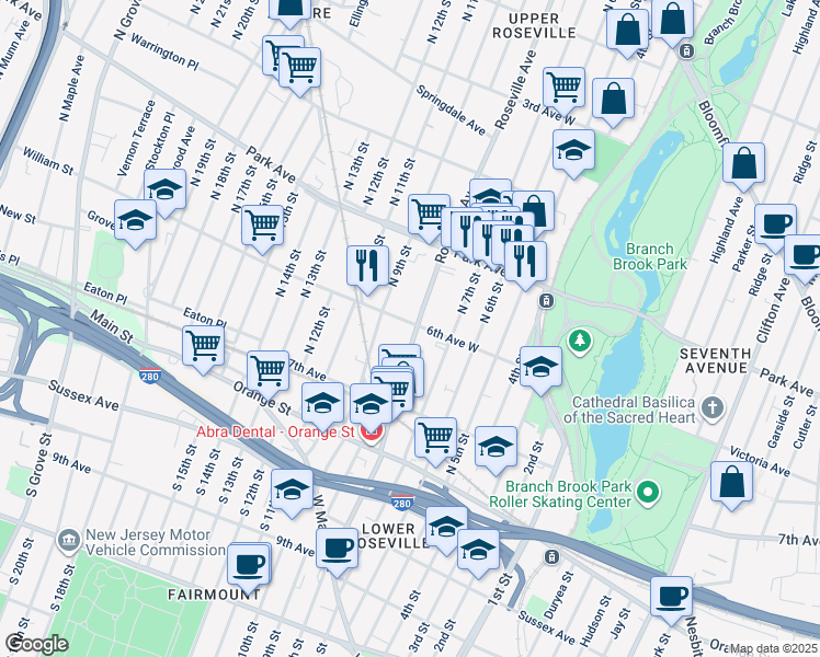 map of restaurants, bars, coffee shops, grocery stores, and more near 215 Roseville Avenue in Newark