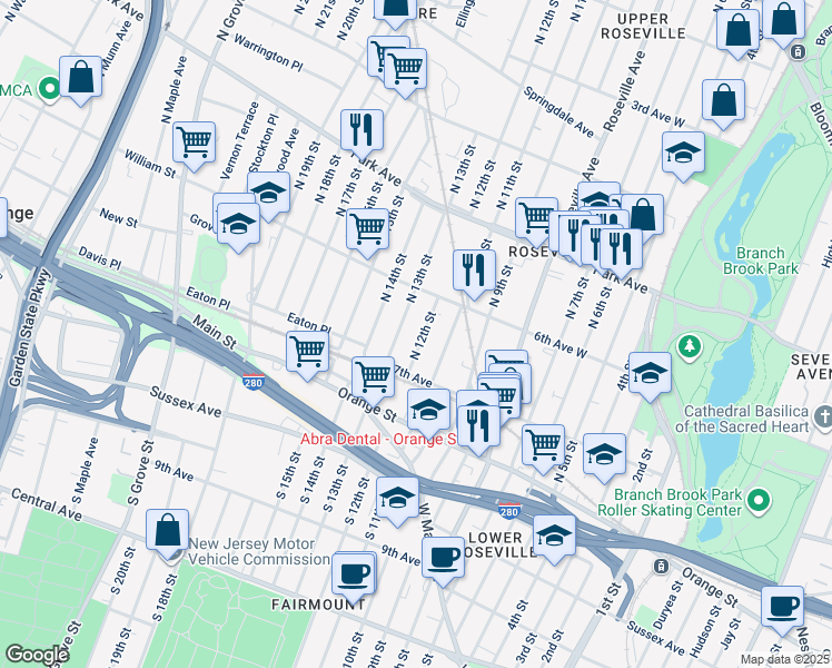 map of restaurants, bars, coffee shops, grocery stores, and more near 73 North 13th Street in Newark