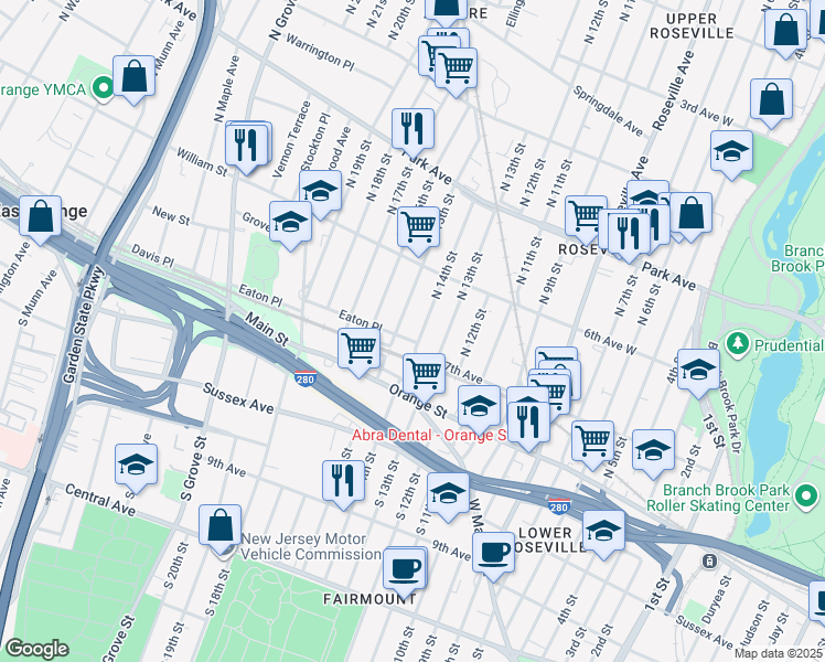 map of restaurants, bars, coffee shops, grocery stores, and more near 69 North 14th Street in East Orange