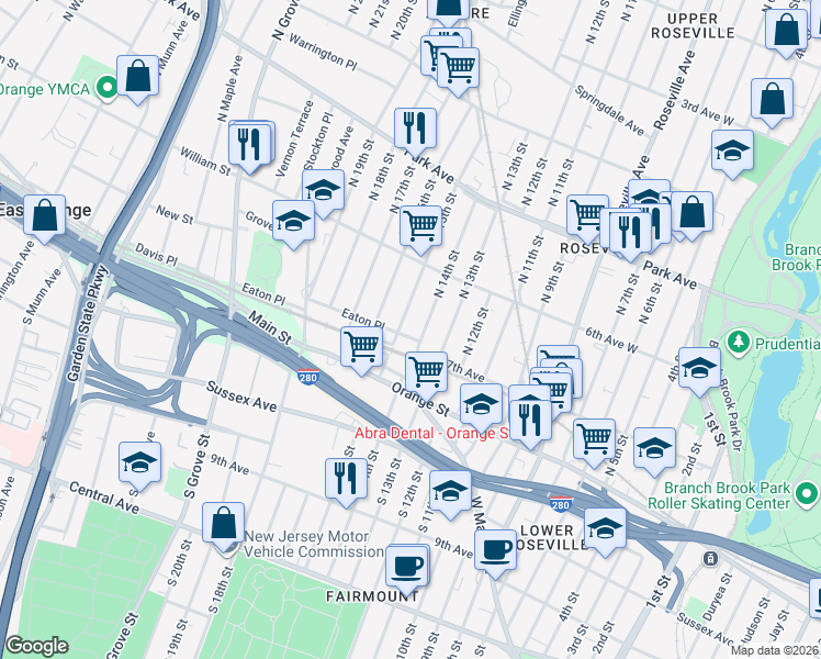 map of restaurants, bars, coffee shops, grocery stores, and more near 69 North 14th Street in East Orange
