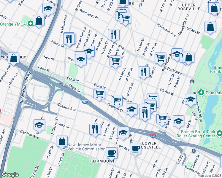 map of restaurants, bars, coffee shops, grocery stores, and more near 14 North 16th Street in East Orange
