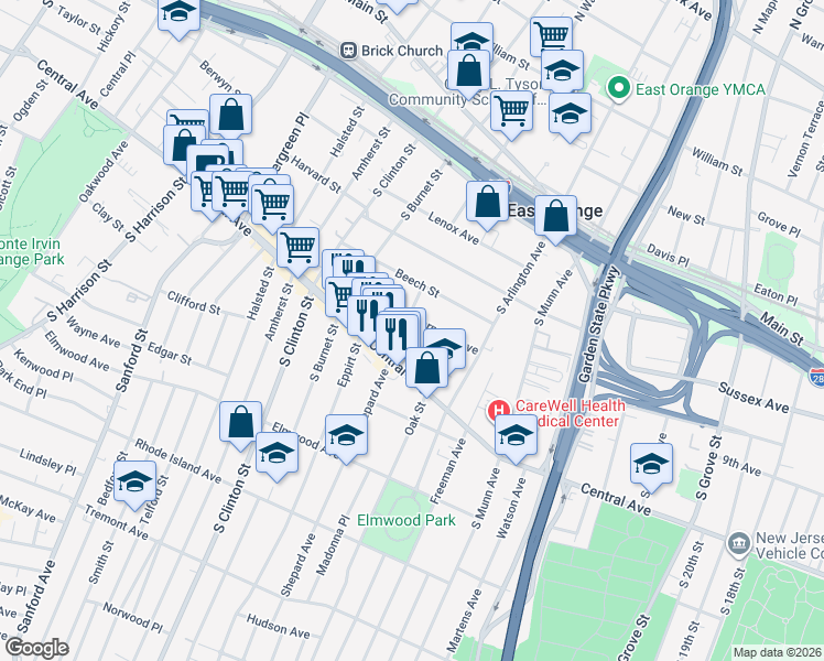 map of restaurants, bars, coffee shops, grocery stores, and more near 75 Carnegie Avenue in East Orange