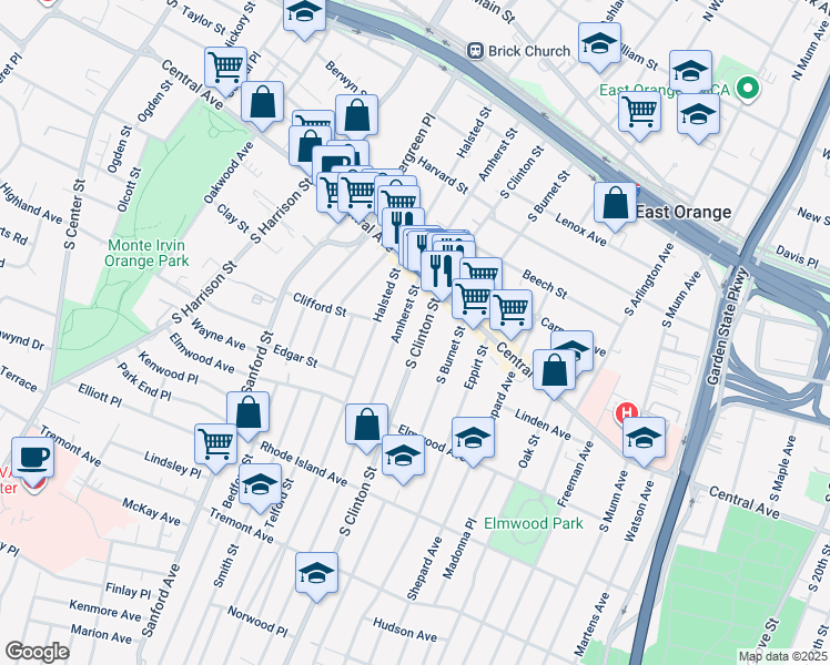 map of restaurants, bars, coffee shops, grocery stores, and more near 206 Amherst Street in East Orange