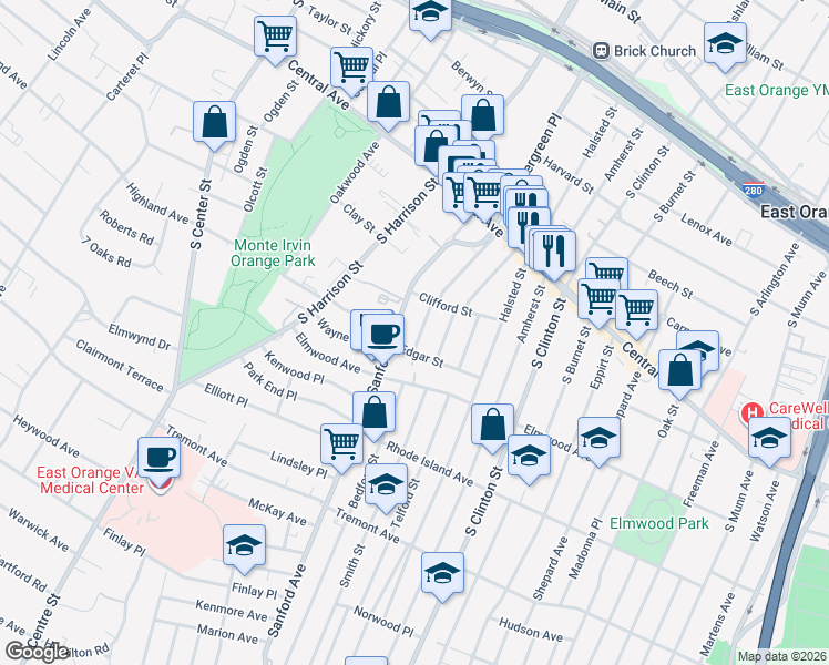 map of restaurants, bars, coffee shops, grocery stores, and more near 9 Emerson Street in East Orange