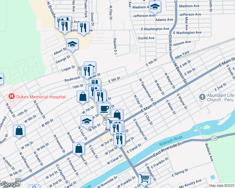 map of restaurants, bars, coffee shops, grocery stores, and more near 76 East 8th Street in Peru