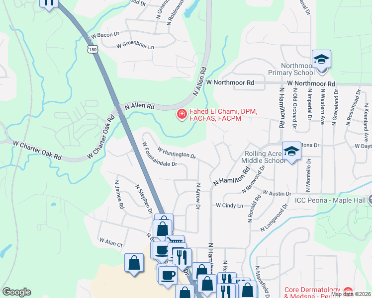map of restaurants, bars, coffee shops, grocery stores, and more near 2519 West Huntington Drive in Peoria