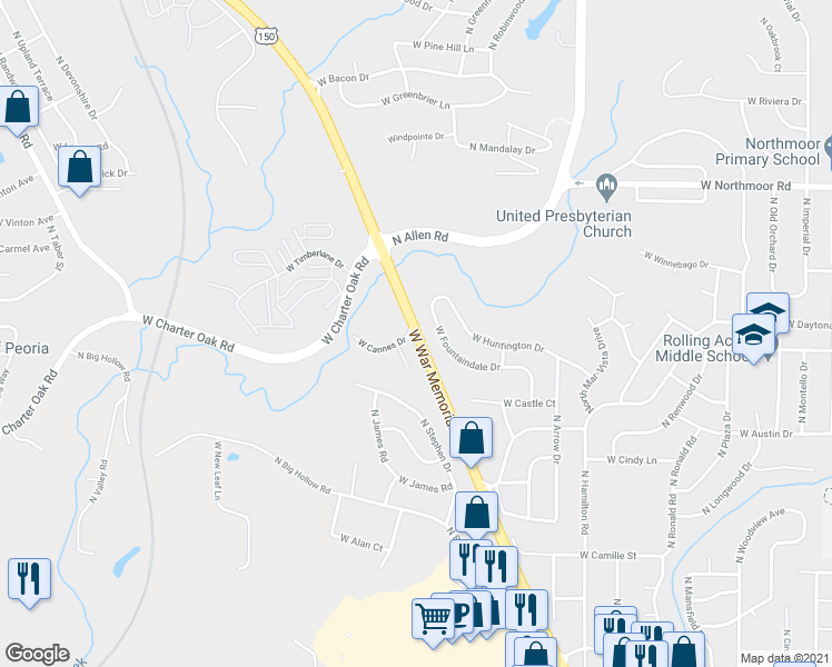 map of restaurants, bars, coffee shops, grocery stores, and more near 2828 West Fountaindale Drive in Peoria