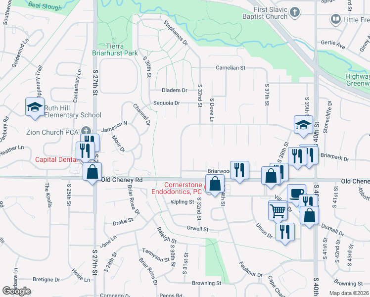 map of restaurants, bars, coffee shops, grocery stores, and more near 5519 South 31st Street in Lincoln