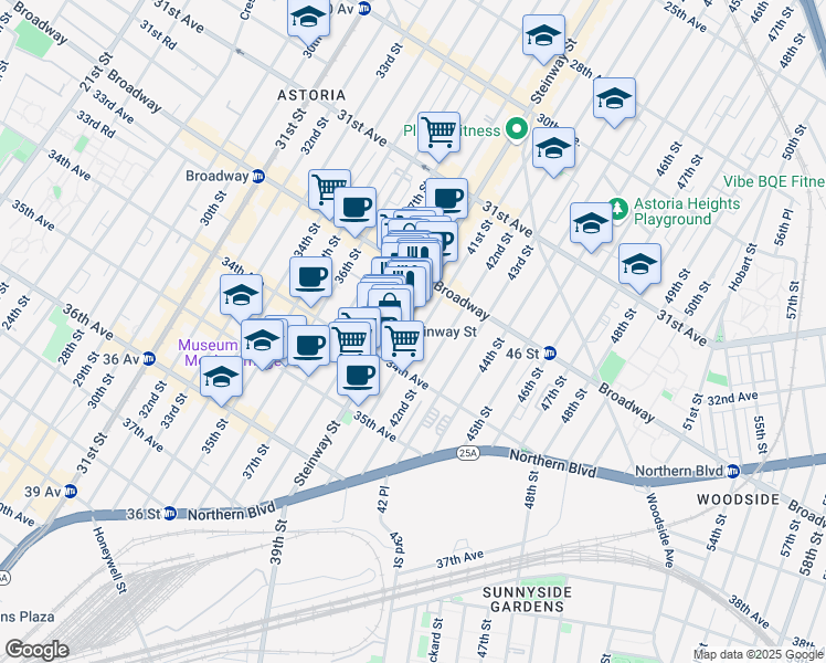map of restaurants, bars, coffee shops, grocery stores, and more near 32-40 Steinway Street in Queens