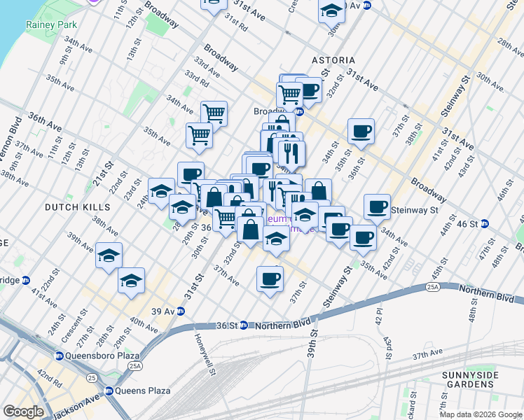 map of restaurants, bars, coffee shops, grocery stores, and more near 34-56 33rd Street in Queens