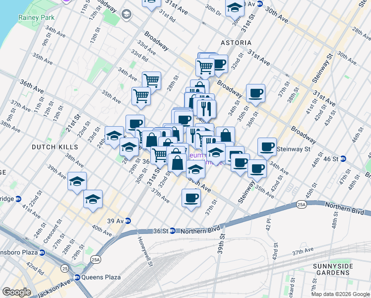 map of restaurants, bars, coffee shops, grocery stores, and more near 34-56 33rd Street in Queens
