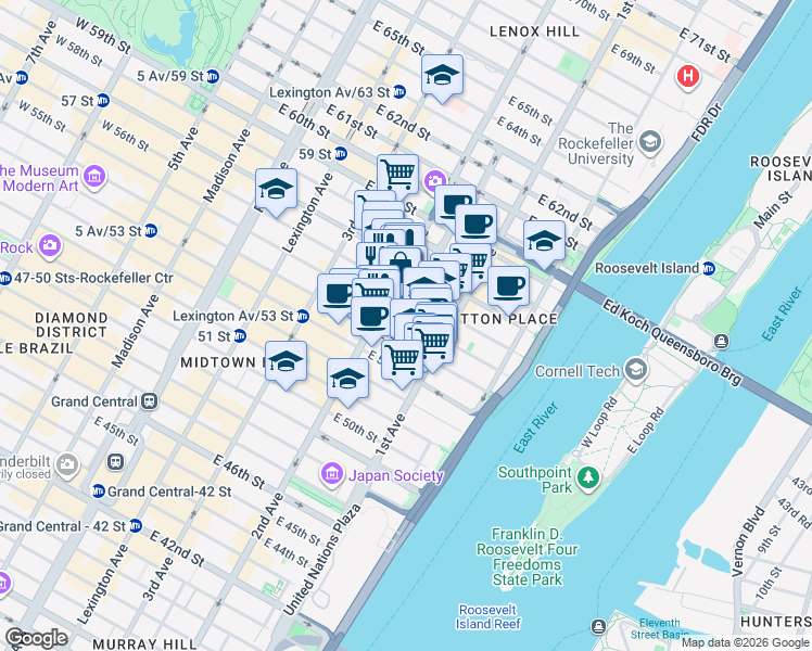 map of restaurants, bars, coffee shops, grocery stores, and more near 305 East 55th Street in New York