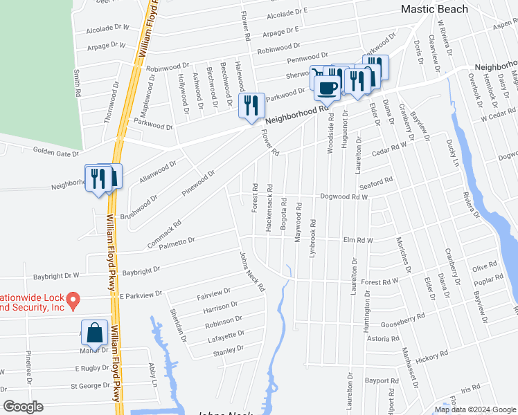 map of restaurants, bars, coffee shops, grocery stores, and more near 393 Forest Road West in Mastic Beach