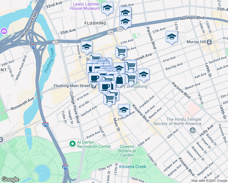map of restaurants, bars, coffee shops, grocery stores, and more near 41-25 Kissena Boulevard in Queens