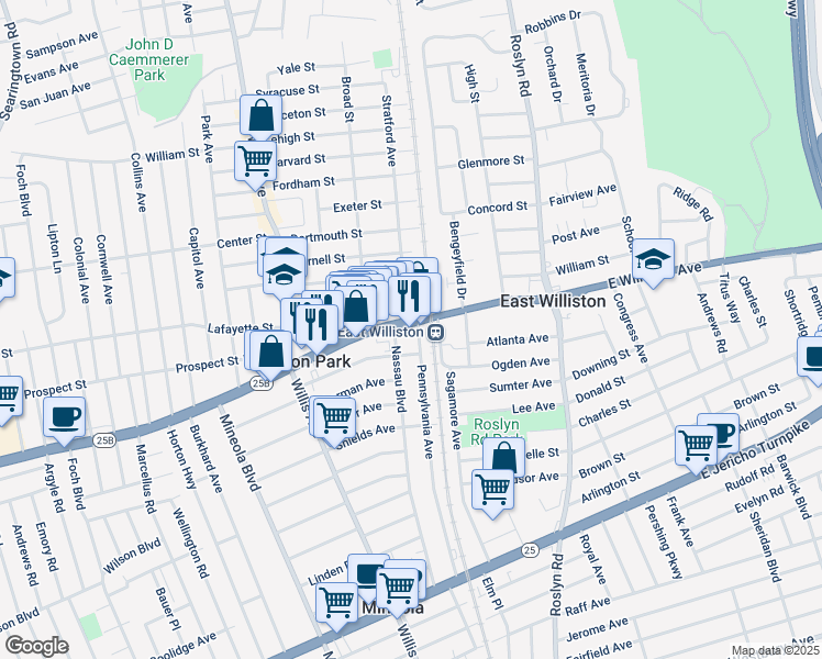 map of restaurants, bars, coffee shops, grocery stores, and more near 28 Amherst Street in Williston Park