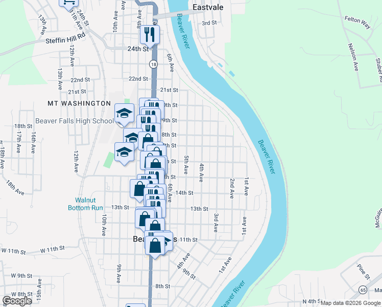 map of restaurants, bars, coffee shops, grocery stores, and more near 416 17th Street in Beaver Falls