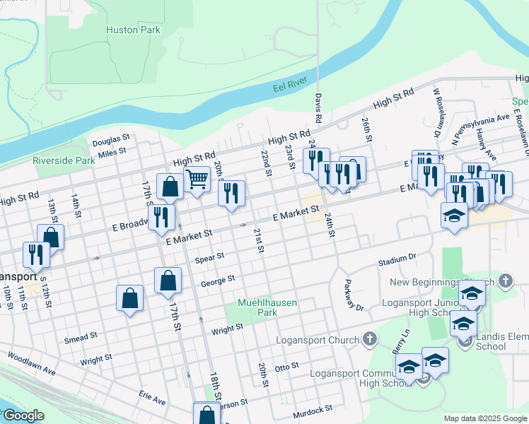 map of restaurants, bars, coffee shops, grocery stores, and more near 2111 East Broadway in Logansport