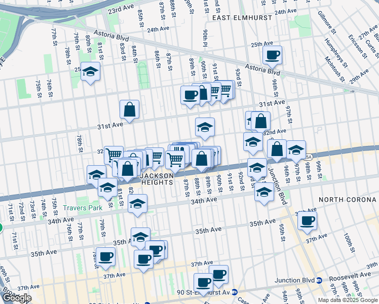 map of restaurants, bars, coffee shops, grocery stores, and more near 3205 87th Street in Queens
