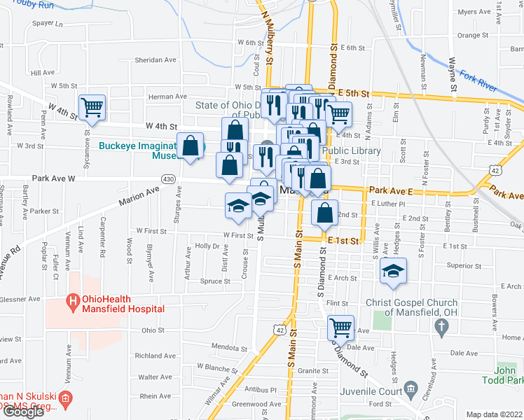 map of restaurants, bars, coffee shops, grocery stores, and more near 46 South Mulberry Street in Mansfield