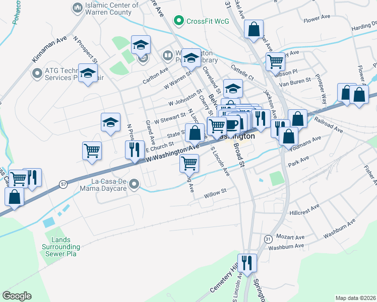 map of restaurants, bars, coffee shops, grocery stores, and more near 135 West Washington Avenue in Washington