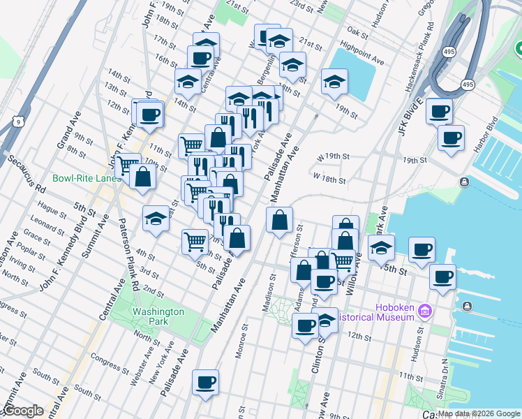 map of restaurants, bars, coffee shops, grocery stores, and more near 1009 Palisade Avenue in Union City