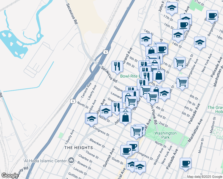 map of restaurants, bars, coffee shops, grocery stores, and more near 180 Nelson Avenue in Jersey City