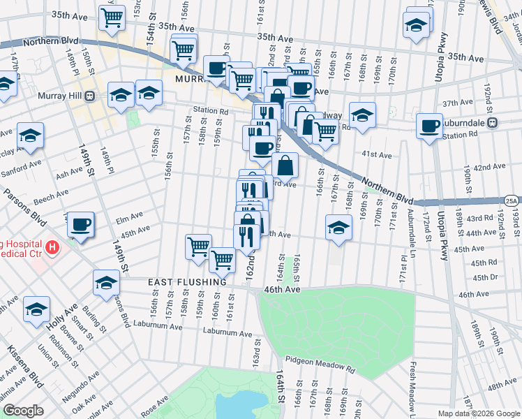 map of restaurants, bars, coffee shops, grocery stores, and more near 43-28 162nd Street in Queens