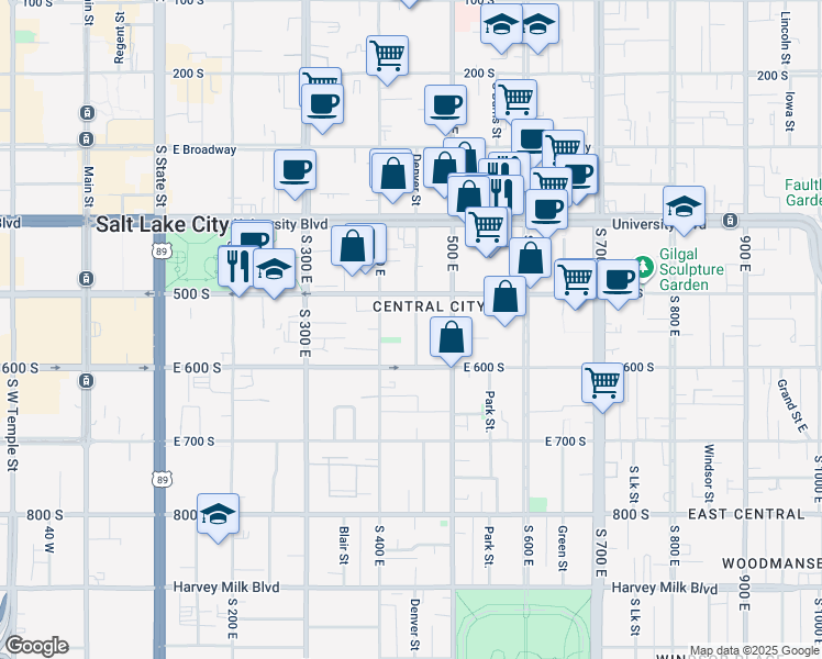 map of restaurants, bars, coffee shops, grocery stores, and more near 540 Denver Street in Salt Lake City