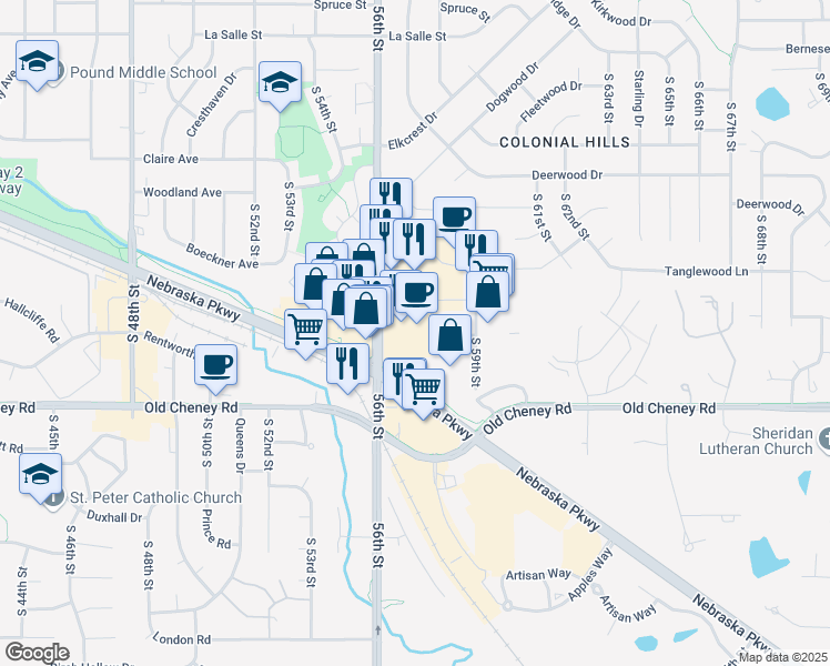 map of restaurants, bars, coffee shops, grocery stores, and more near 5500 S 56th St in Lincoln