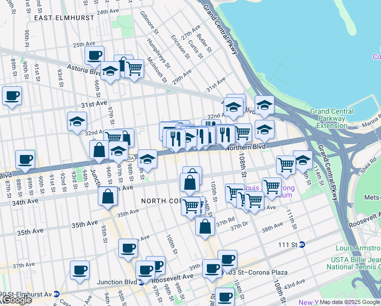 map of restaurants, bars, coffee shops, grocery stores, and more near in Queens