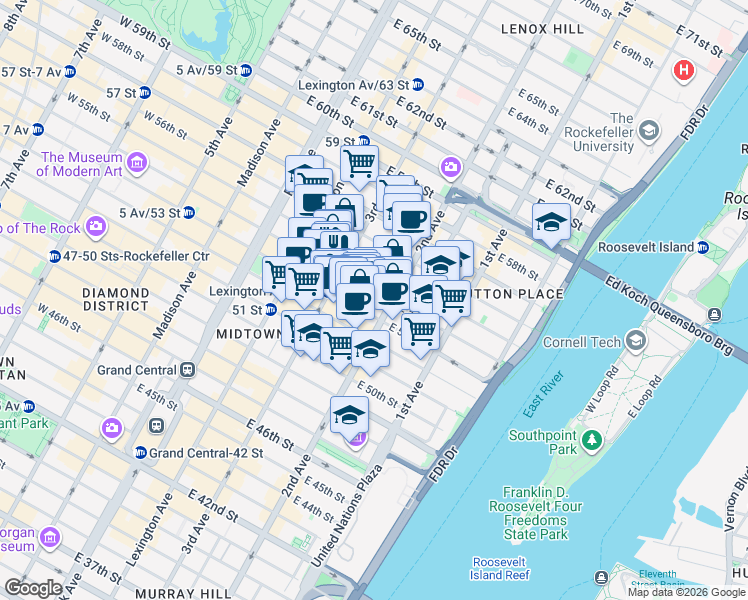 map of restaurants, bars, coffee shops, grocery stores, and more near 234 East 54th Street in New York