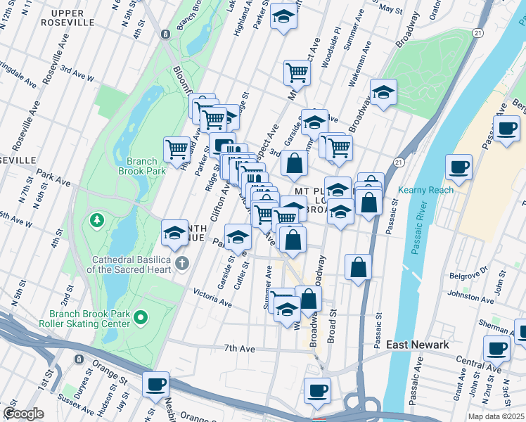 map of restaurants, bars, coffee shops, grocery stores, and more near 74 Kearny Street in Newark