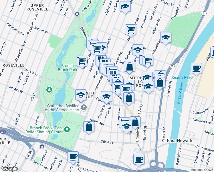 map of restaurants, bars, coffee shops, grocery stores, and more near 101 Mount Prospect Avenue in Newark