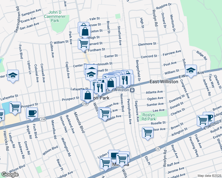 map of restaurants, bars, coffee shops, grocery stores, and more near 24 Broad Street in Williston Park