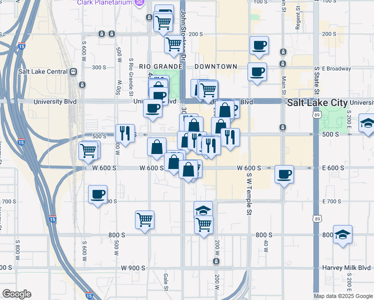 map of restaurants, bars, coffee shops, grocery stores, and more near 525 West 500 South in Salt Lake City