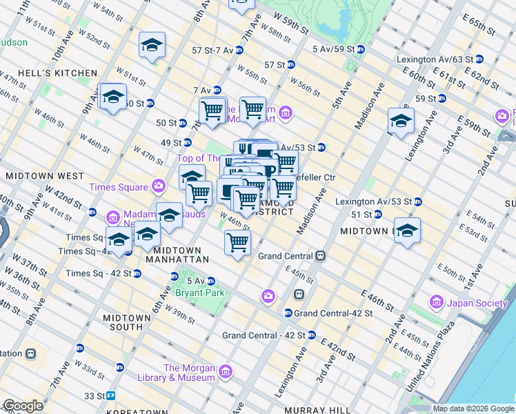 map of restaurants, bars, coffee shops, grocery stores, and more near 18 West 48th Street in New York