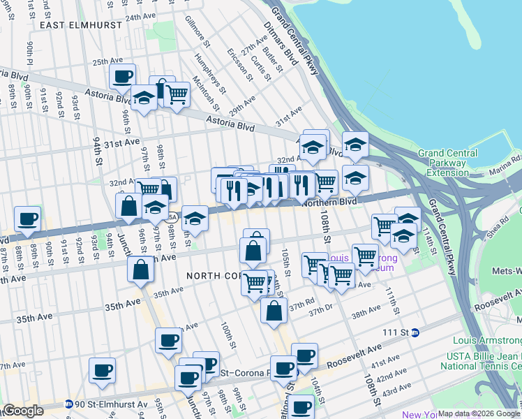 map of restaurants, bars, coffee shops, grocery stores, and more near 103-22 Northern Boulevard in Queens